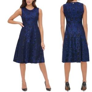 Tommy Hilfiger Blue Floral Lace Jewel Dress Midi Sleeveless Knee Length Size 4